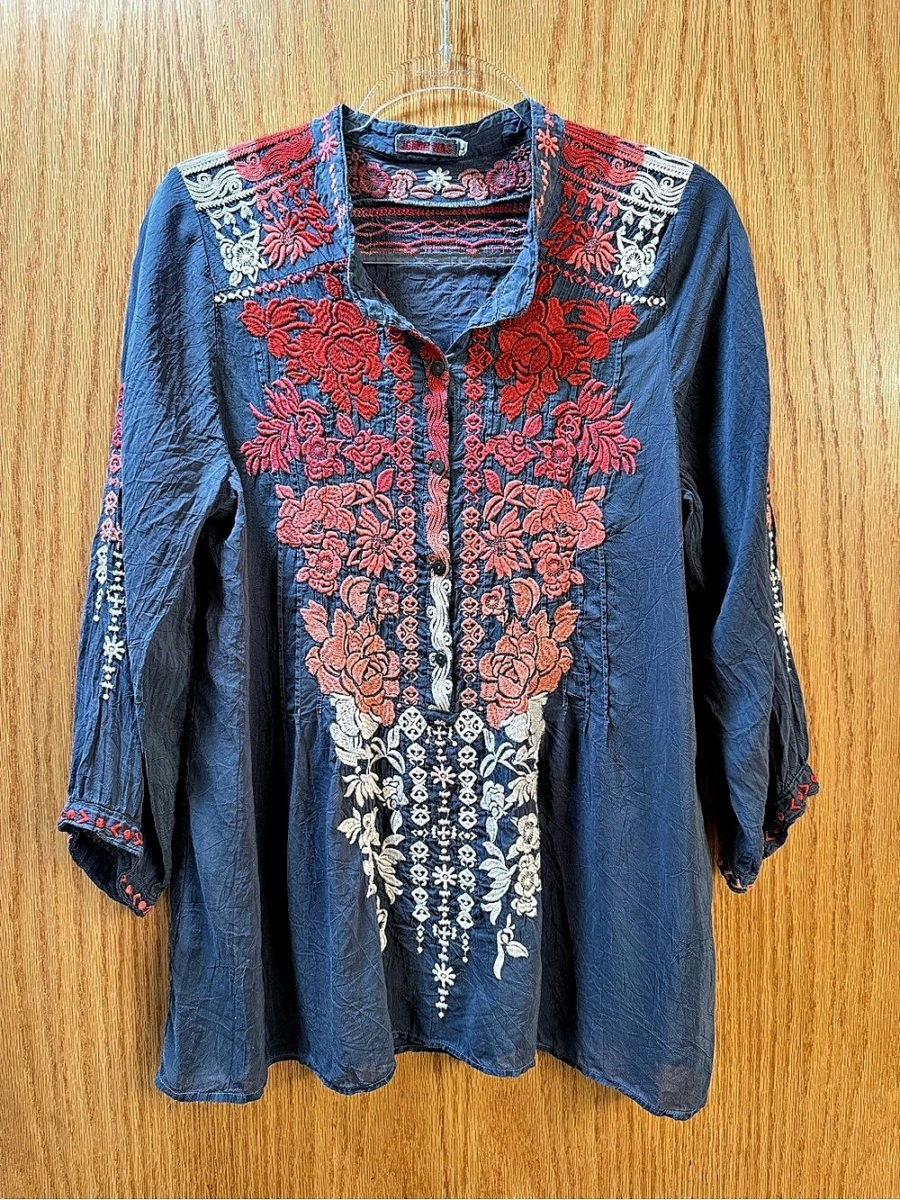 Johnny Was Floral Embroidered Tunic in Blue Size Large